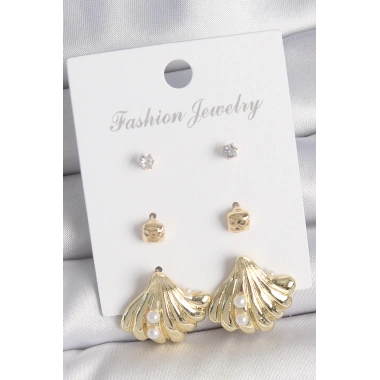 Pirinç Gold Renk Zirkon Taşlı İnci Detaylı Deniz Kabuğu Model 3 Çift Kadın Küpe Seti