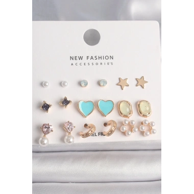 Pirinç Gold Renk Zirkon Taşlı İncili Çiçek Mavi Kalp Figür 9 Çift Kadın Küpe Seti