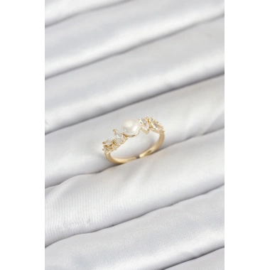 Pirinç Gold Renk Zirkon Taşlı İncili Model Kadın Yüzük