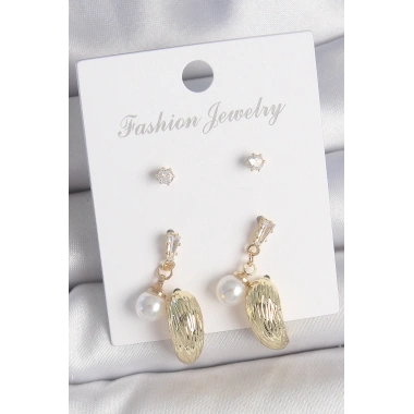 Pirinç Gold Renk Zirkon Taşlı İncili Sallantılı İşlemeli Damla Model 3 Çift Kadın Küpe Seti