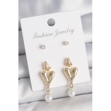 Pirinç Gold Renk Zirkon Taşlı İncili Sallantılı Kalp Model 3 Çift Kadın Küpe Seti