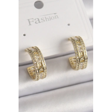 Pirinç Gold Renk Zirkon Taşlı İşleme Detay Halka Model Kadın Küpe