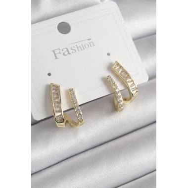 Pirinç Gold Renk Zirkon Taşlı Kadın Küpe
