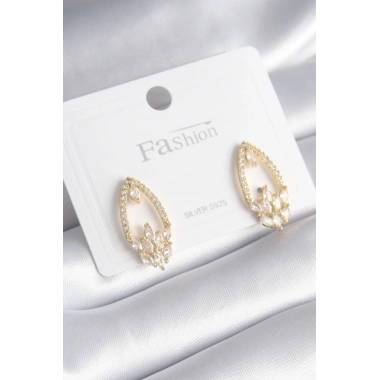 Pirinç Gold Renk Zirkon Taşlı Kadın Küpe