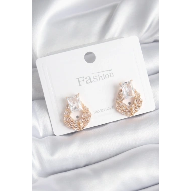 Pirinç Gold Renk Zirkon Taşlı Kadın Küpe