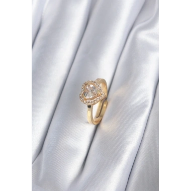 Pirinç Gold Renk Zirkon Taşlı Kalp Charm Model Kadın Yüzük