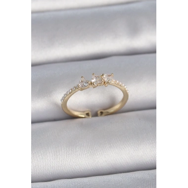 Pirinç Gold Renk Zirkon Taşlı Kalp İnci Detaylı Ayarlanabilir Model Kadın Yüzük