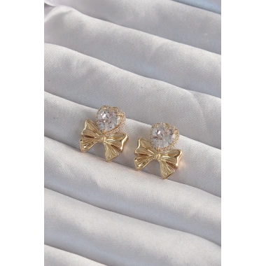 Pirinç Gold Renk Zirkon Taşlı Kalp Model Fiyonk Küpe