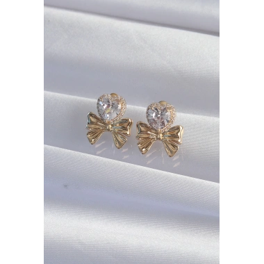 Pirinç Gold Renk Zirkon Taşlı Kalp Model Fiyonk Küpe