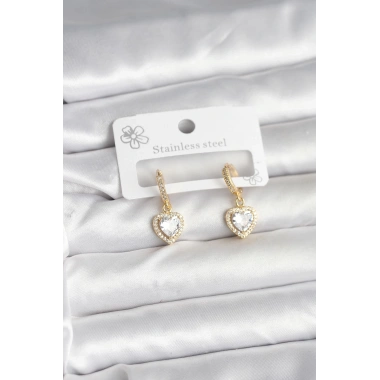 Pirinç Gold Renk Zirkon Taşlı Kalp Model Kadın Küpe