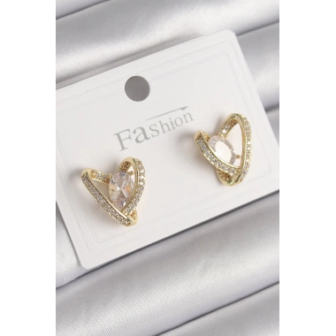 Pirinç Gold Renk Zirkon Taşlı Kalp Model Kadın Küpe