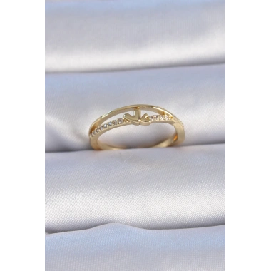 Pirinç Gold Renk Zirkon Taşlı Kalp Model Kadın Yüzük