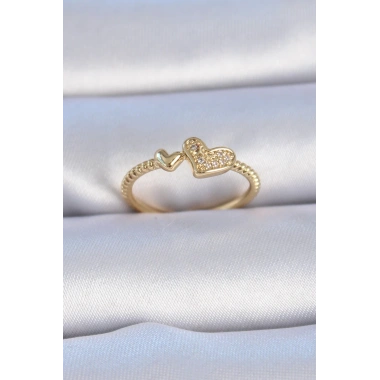 Pirinç Gold Renk Zirkon Taşlı Kalp Model Kadın Yüzük