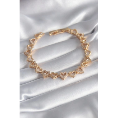 Pirinç Gold Renk Zirkon Taşlı Kalp Model VIP Seri Kadın Bileklik