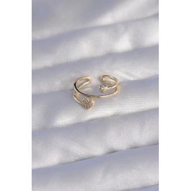 Pirinç Gold Renk Zirkon Taşlı Kalpli Model Ayarlanabilir Yüzük