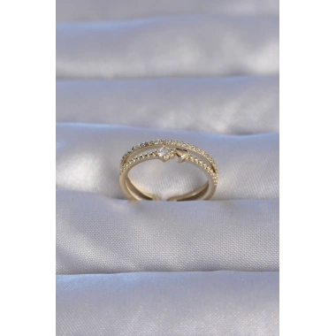 Pirinç Gold Renk Zirkon Taşlı Kalpli Su Yolu Model Ayarlanabilir Yüzük