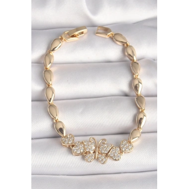 Pirinç Gold Renk Zirkon Taşlı Kelebek Figür Damla Zincir Model Kadın Bileklik