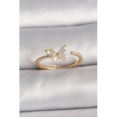 Pirinç Gold Renk Zirkon Taşlı Kelebek Mode İnci Detay Ayarlanabilir Yüzük