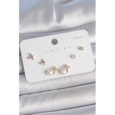 Pirinç Gold Renk Zirkon Taşlı Kelebek Model İnci Detay 925 Ayar Gümüş Çivi Kadın Küpe Seti