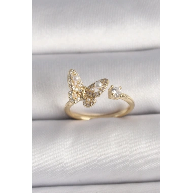 Pirinç Gold Renk Zirkon Taşlı Kelebek Model İnci Detay Ayarlanabilir Yüzük