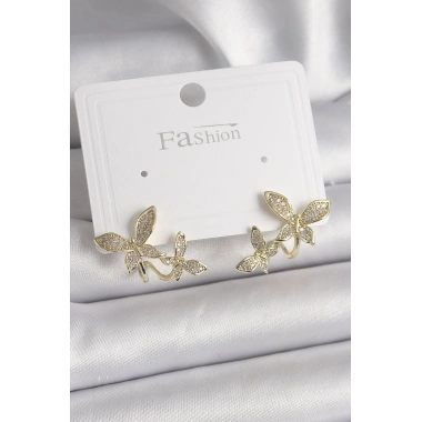 Pirinç Gold Renk Zirkon Taşlı Kelebek Model Kadın Küpe