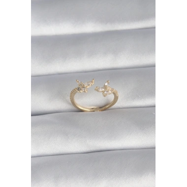 Pirinç Gold Renk Zirkon Taşlı Kelebek Model Kadın Yüzük