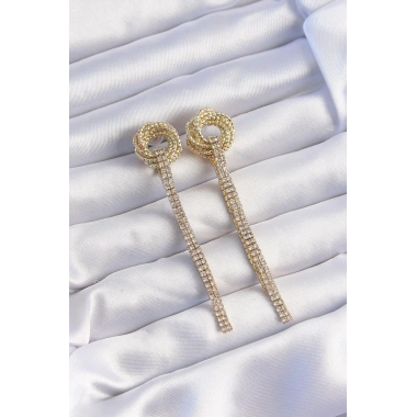 Pirinç Gold Renk Zirkon Taşlı Kıvrım Detay Sallantılı Küpe