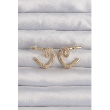 Pirinç Gold Renk Zirkon Taşlı Kıvrımlı Yarım Kalp Küpe