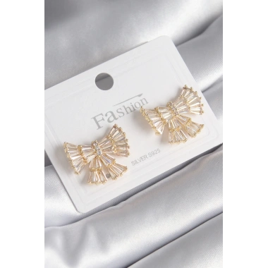 Pirinç Gold Renk Zirkon Taşlı Kurdele Model Kadın Küpe