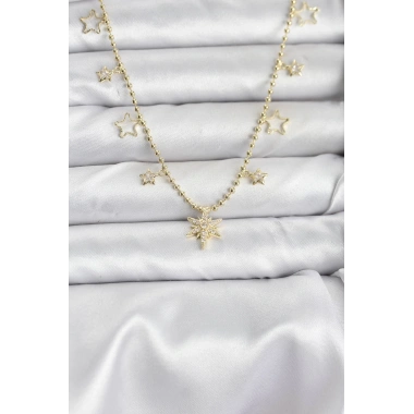 Pirinç Gold Renk Zirkon Taşlı Kutup Yıldızı Model Kadın Kolye