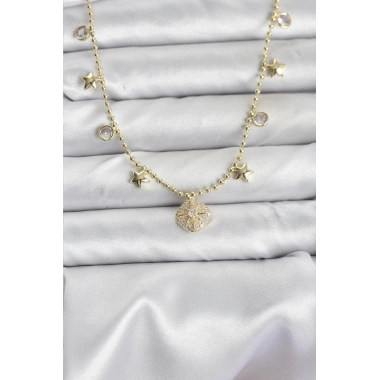 Pirinç Gold Renk Zirkon Taşlı Kutup Yıldızı Model Kadın Kolye