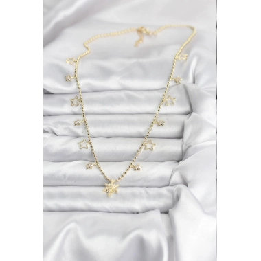 Pirinç Gold Renk Zirkon Taşlı Kutup Yıldızı Model Kadın Kolye