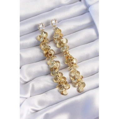 Pirinç Gold Renk Zirkon Taşlı Minimal Deniz Kabuklu Sallantılı Küpe