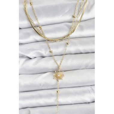 Pirinç Gold Renk Zirkon Taşlı Model Detaylı 3lü Kombin Y Kadın Kolye