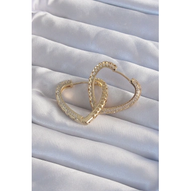 Pirinç Gold Renk Zirkon Taşlı Motifli Kalp Küpe