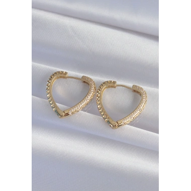 Pirinç Gold Renk Zirkon Taşlı Motifli Kalp Küpe