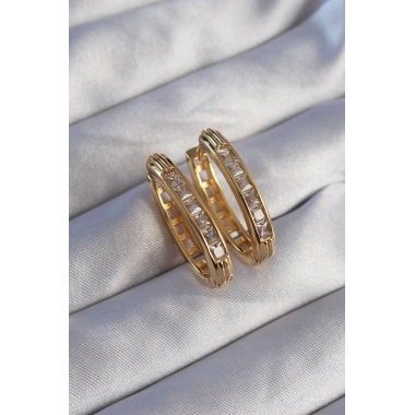 Pirinç Gold Renk Zirkon Taşlı Oval Model Küpe