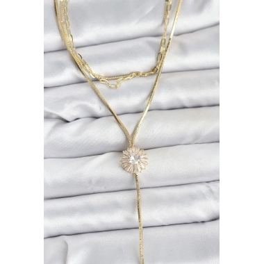 Pirinç Gold Renk Zirkon Taşlı Papatya Model Detaylı 3lü Kombin Y Kadın Kolye