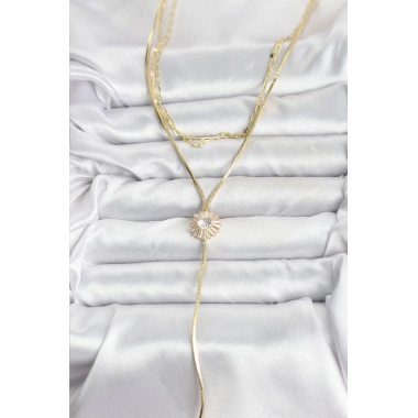 Pirinç Gold Renk Zirkon Taşlı Papatya Model Detaylı 3lü Kombin Y Kadın Kolye