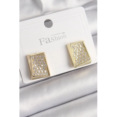 Pirinç Gold Renk Zirkon Taşlı Plaka Model Kadın Küpe