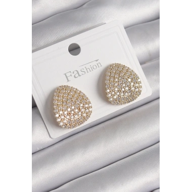 Pirinç Gold Renk Zirkon Taşlı Plaka Model Kadın Küpe