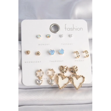 Pirinç Gold Renk Zirkon Taşlı Sallantı Beyaz Sedefli Kalp Model 7 Çift Kadın Küpe Seti