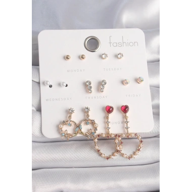 Pirinç Gold Renk Zirkon Taşlı Sallantı Kalp Figür 7 Çift Kadın Küpe Seti