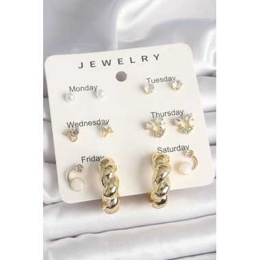 Pirinç Gold Renk Zirkon Taşlı Sarmal Halka Model 7Li Kadın Küpe Seti