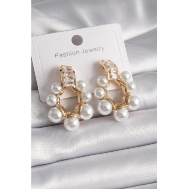 Pirinç Gold Renk Zirkon Taşlı Su Yolu İncili Halka Model Kadın Küpe