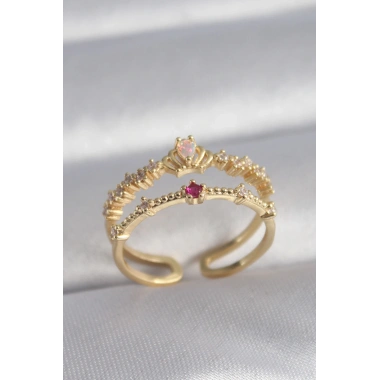 Pirinç Gold Renk Zirkon Taşlı Taç Model Kadın Yüzük