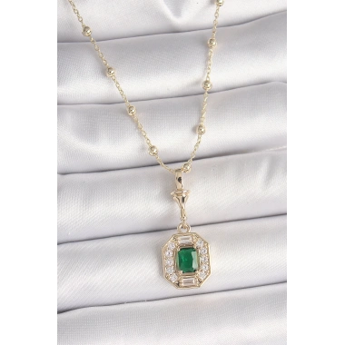 Pirinç Gold Renk Zirkon Taşlı Topçuk Zincir Serenay Model Kadın Kolye