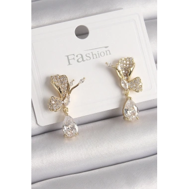 Pirinç Gold Renk Zirkon Taşlı Turna Kuşu Model Sallantı Detay Kadın Küpe