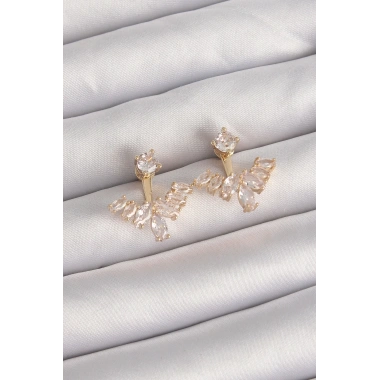 Pirinç Gold Renk Zirkon Taşlı V Model Küpe