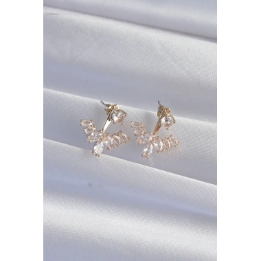 Pirinç Gold Renk Zirkon Taşlı V Model Küpe